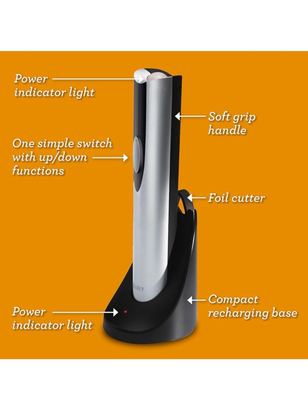 Oster Cordless Electric Wine Bottle Opener with Foil Cutter grey6 - Picture 4 of 4